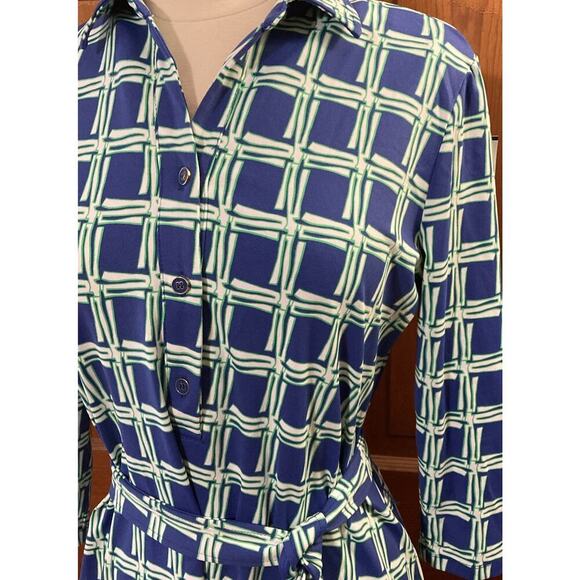 J. McLaughlin Women's Belted Dress SZ M Blue Square Print Stretch Retro 70s - Picture 4 of 11